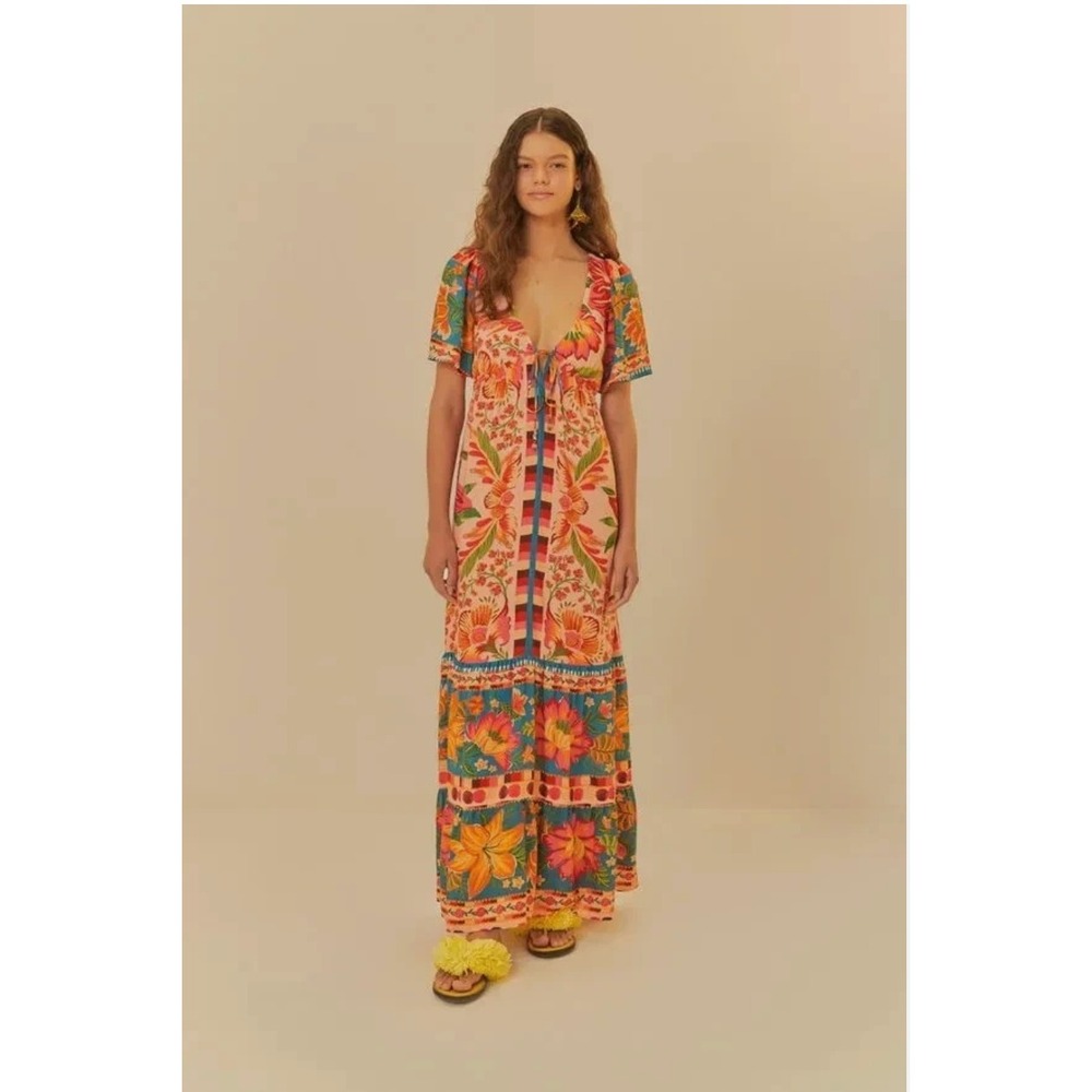 FARM Rio Pink Tropical Floral Tiered Maxi Dress V-Neck Tassel Tie Women's Small
